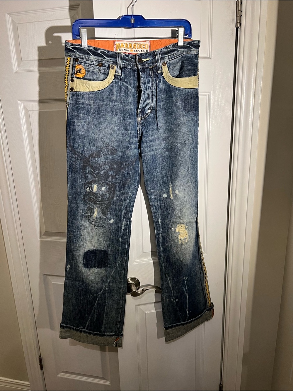 Parasuco Blue Distressed Bootcut Jeans with Cream Pocket Trim